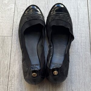 Tory Burch Bridgette Black Quilted Flats Ballet Size 7 Patent Leather Detail